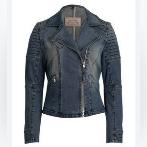 Marc Cain Blue Denim Biker Jacket  Quilted Moto Shoulders & Asymmetric Zip jeans